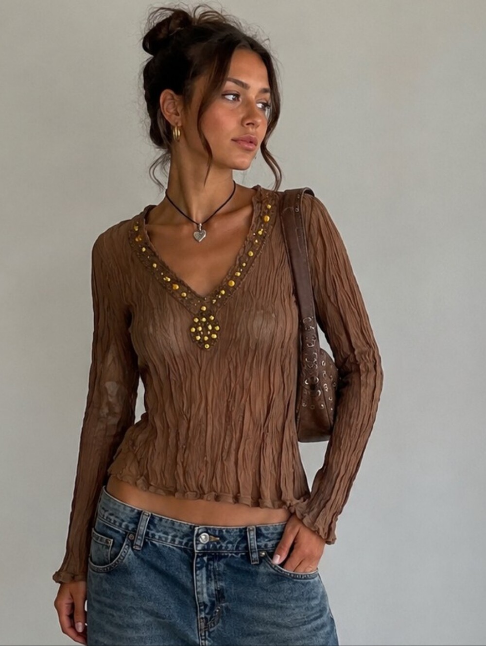 Worthington Y2K Fairycore Mermaid Chiffon Crinkle Grunge Boho Whimsigoth Top L